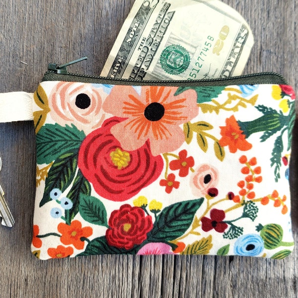 Bold floral zipper pouch, Rifle Paper Co fabric bag, garden party, lined zipper pouch, essentials bag, coin card purse, mini makeup bag