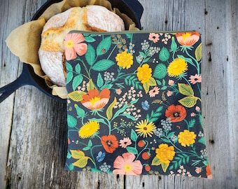 Black Floral Sourdough Bread Bag: Rifle Paper Co. Poppy Fields Linen Cotton, Waterproof Lined