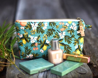Citrus toiletries bag, makeup bag, waterproof pouch, rifle paper co fabric bag, floral cosmetics bag, Florida, made in USA