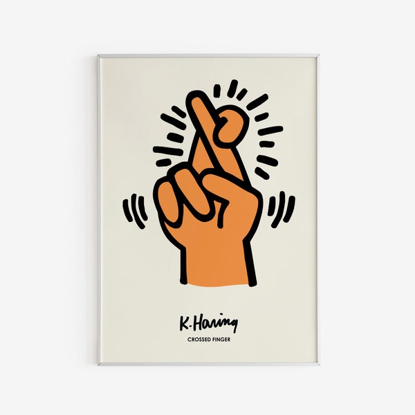 Keith Haring Poster - Contemporary Wall Art - Fingers Crossed - Pop Art - Street Art - Printable Digital Download - Birthday Gift