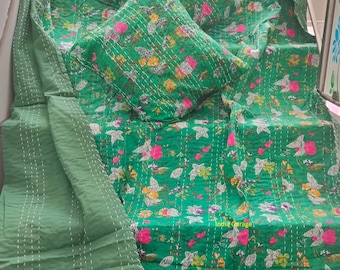 Colcha india hecha a mano Kantha, colcha de algodón, colcha Gudari para cama tamaño queen y colcha para cama doble