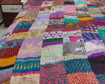 Handmade Silk Patchwork Kantha Quilt: Bohemian King Size Bedspread