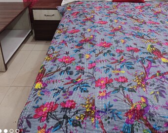 Handmade Bird Print Kantha Quilt - Indian Cotton Twin/Queen Bedspread