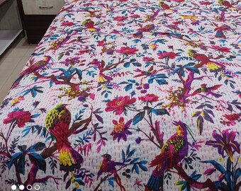 Edredón Kantha con estampado de pájaros hecho a mano, manta de algodón estilo bohemio