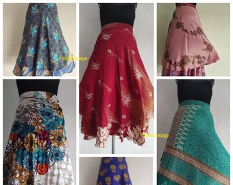 Lotto Ingrosso Gonne Lunghe In Seta Sari Riciclata - Stile Boho Hippie Magico