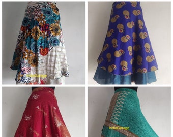 Venta al por mayor de lotes de faldas para mujer, falda larga gitana envolvente, falda de seda boho, falda sari de seda de doble capa