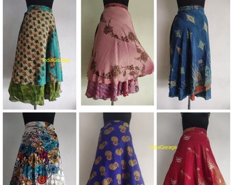 Vintage Silk Sari Wrap Skirt, Reversible Bohemian Maxi Skirt