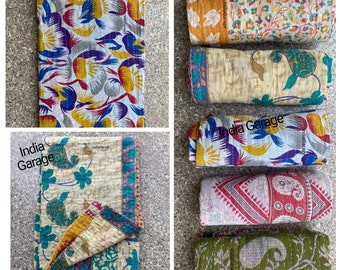 Jeté de courtepointe Kantha vintage : couverture indienne réversible faite main (85 x 55 po.)