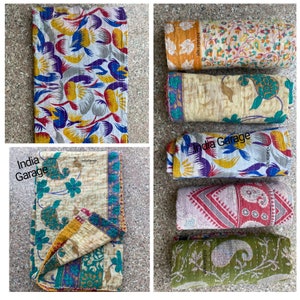 Vintage Kantha Quilt Throw: Reversible Sari Fabric, Handmade Blanket