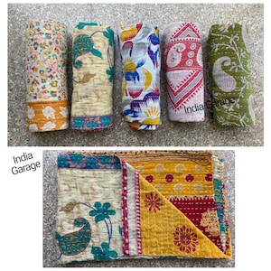 Colcha indiana vintage Kantha feita à mão, cobertor reversível, colcha de algodão, colcha boho
