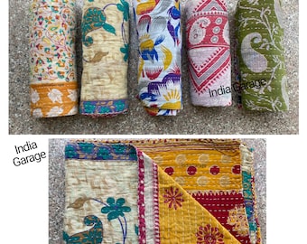 Couette kantha vintage indienne, jetée fait main, couverture réversible, couvre-lit, tissu en coton, courtepointe bohème