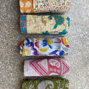Vintage Kantha Quilt Throw: Reversible Sari Fabric, Handmade Blanket