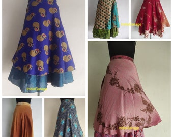 Vente de jupes en soie indiennes, jupe en soie vintage, jupes bohèmes, jupes sari portefeuille, jupes d'été hippie pour femmes, jupes fluides de soirée décontractées