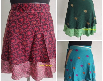 Wholesale Lot Short Mini Skirt Indian Women Wrap Skirt Vintage Handmade Sari Silk Bohemian Hippie Beach Magic skirts Assorted colors