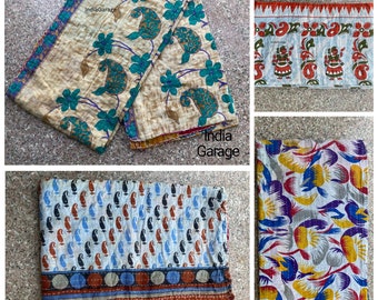 Vintage Indian Kantha Quilt - Handmade Reversible Throw Blanket, Bohemian Bedspread