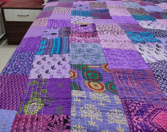 Handmade Silk Patchwork Kantha Quilt: Bohemian Bedding Throw