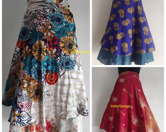 Reversible Silk Sari Wrap Skirt, Bohemian Floral Maxi Skirt