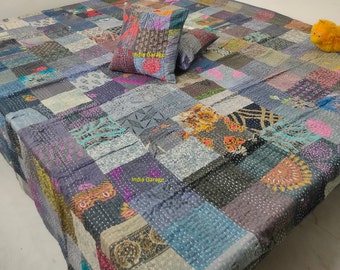Handmade Silk Patchwork Kantha Quilt: Indian Bedspread Coverlet