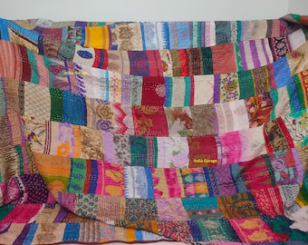 Silk Patchwork Kantha Quilt - Bohemian Bed Cover, Sofa Throw