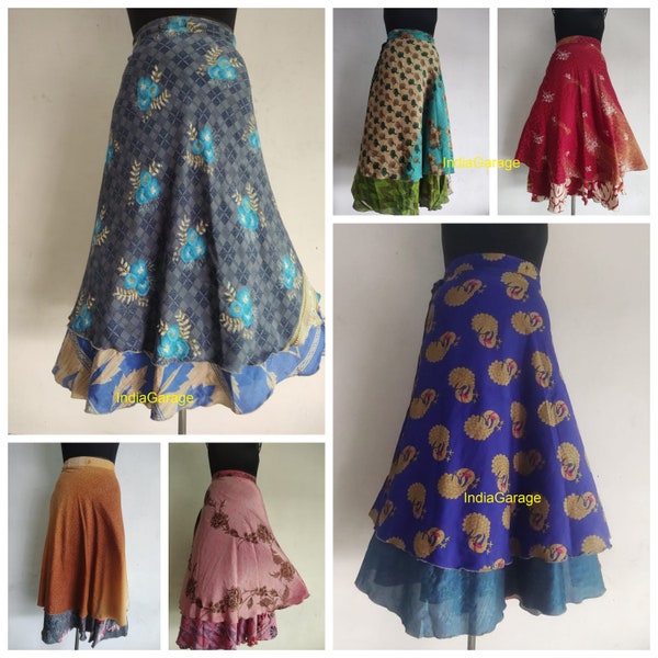 Skirts for Women/Girl Wrap Vintage Skirt Comfortable Long Silk Skirt Beautiful Print Skirts Double Layer Reversible Hippie Skirt
