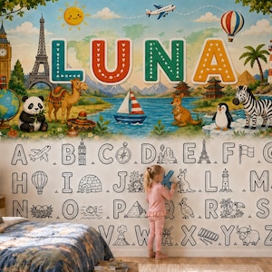 May include: A wall mural featuring the name LUNA in large, colourful letters above a landscape with a panda, camel, sailboat, kangaroo, penguin, and zebra. Below, a black and white alphabet chart displays letters from A to Z with corresponding illustrations.
