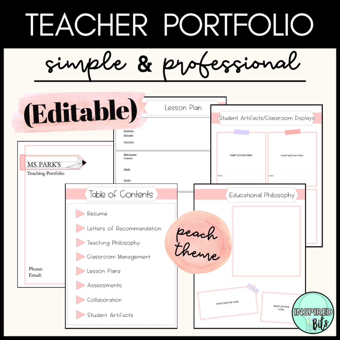 Peach Teaching Portfolio Template Teacher Portfolio, Editable Teacher Peach Teaching Portfolio Template Teacher Portfolio, Editable Teacher