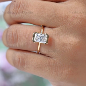 3.00 CT Radiant Lab Grown Diamond Half Bezel Solitaire Ring, 10K Solid Yellow Gold Wedding Ring, IGI Certified Diamond Proposal Ring For Her