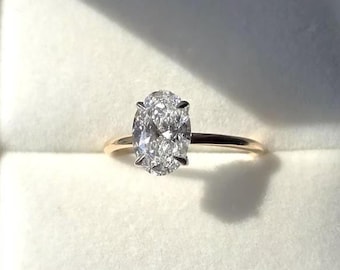 Anillo de compromiso con diamante ovalado cultivado en laboratorio de 2,5 quilates, oro de 14 quilates, certificado por IGI.