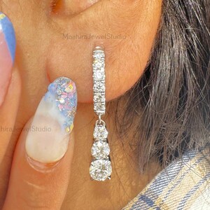 Round Cut Lab Created Diamond Dangle Drop Earrings. 10K Solid White Gold CVD Diamond Earrings, Unique Women Earrings, Engagement Gift