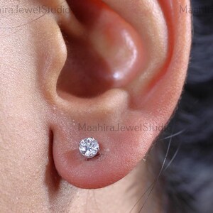 Round Cut Lab Created Diamond Stud Earrings, 14K Solid White Gold Solitaire Earring, Screw Back Earring, Dainty Women Earrings, Wedding Gift