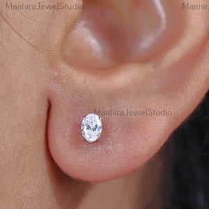 Dainty Oval-Cut Lab Grown Diamond Stud Earrings, 14K Solid White Gold CVD Diamond Solitaire Earring, Women Earrings, Engagement Gift For Her