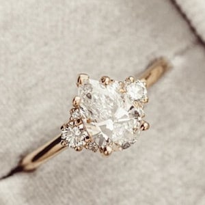 Pear Cut Lab Diamond Cluster Engagement Ring, 14K Solid Gold Wedding Ring, Anniversary Gift, Women Promise Ring, Bridal Ring,
