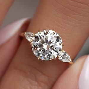 1.75 Carat IGI Certified I/VVS2 Round Cut Lab Created Three Stone Diamond Engagement Ring,Pear Cut Side Diamonds,14k Yellow Gold Bridal Ring