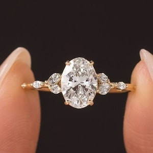 1.32 CT Oval Cut Lab Diamond Engagement Ring Lab Grown Cluster Engagement Ring 14k Yellow Gold Wedding Ring Engagement Ring Anniversary Ring