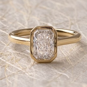 Radiant Cut Lab Diamond Full Bezel Solitaire Ring,14K Yellow Gold Diamond Wedding Ring, Lab Certified Solitaire Anniversary Ring