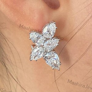 3CWT Pear Diamond 5 Stone Stud Earrings Made In 14k Solid Gold Lab Grown Diamond Screw Back Earrings, 950 Platinum Stud Earrings