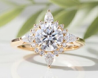 Lab Grown Diamond Starburst Halo Ring, 10K Yellow Gold Floral Art Deco Wedding