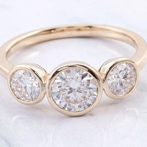 Three Stone Engagement Ring, 3 Stone Round Lab-Grown Diamond Ring, Art Deco Style Round Diamond Wedding Ring For Her, Bezel Round Cut Ring