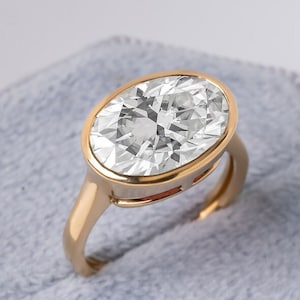 East West Oval Cut Lab Grown Diamond Bezel Set Solitaire Engagement Ring, 14k Solid Gold Wedding Ring, Mother Gift, Gift For Her