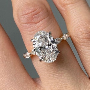 4 Carat Oval Cut Lab Grown Diamond Hidden Halo Engagement Ring, Solitaire With Accent Stone Wedding Ring , 14K Solid Gold Bridal Ring