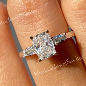 Three Stone Elongated Cushion Hidden Halo Lab Grown Diamond Engagement Ring, 3 Stone 14K Solid Gold Wedding Ring, Gift For Her