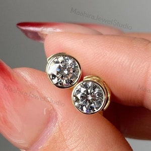 1CTW Full Bezel Round Lab Diamond Stud Earrings Made In 14K Yellow Gold Gift For Her, Dainty Diamond Earrings For Women