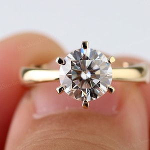 Bague halo de diamants cachés solitaire certifiée coupe ronde de 1,5 carat / or jaune 14 carats 6 griffes / cadeau d'anniversaire de fiançailles