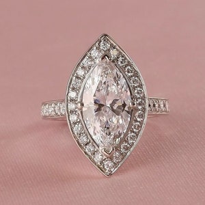 Art Deco Style Marquise Cut Lab Created Diamond Bezel Halo Wedding Ring, 14K Gold Engagement Ring, Promise Ring, Anniversary Ring,