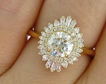 Round Lab Diamond Ballerina Cluster Engagement Ring In 14K Solid Yellow Gold Gift For Her, Platinum Wedding Ring For Women, Anniversary Gift
