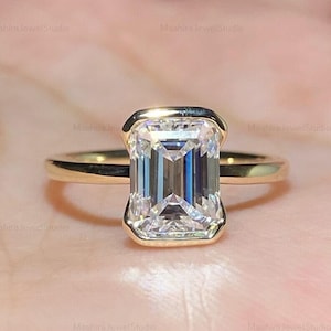 2.30CT Emerald Cut Lab Grown Half Bezel Set Solitaire Engagement Ring, 14K Solid Gold One Diamond Dainty Proposal Ring, Anniversary Gift