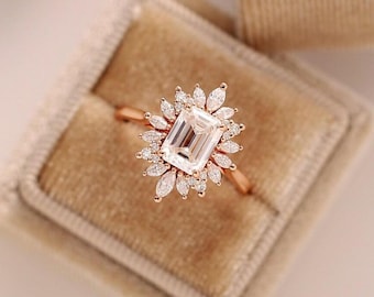Emerald Cut Lab Grown Diamond Round Halo Ring, 18K Solid Yellow Gold Ring, Starburst Wedding Ring For Women, GIA Certified Diamond Ring