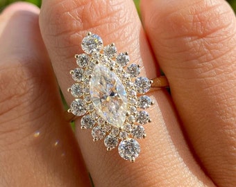 Marquise Cut Lab Diamond Double Halo Solitaire Engagement Ring, 14K White Gold Lab Certified Wedding Ring, Anniversary Gift, Promise Ring