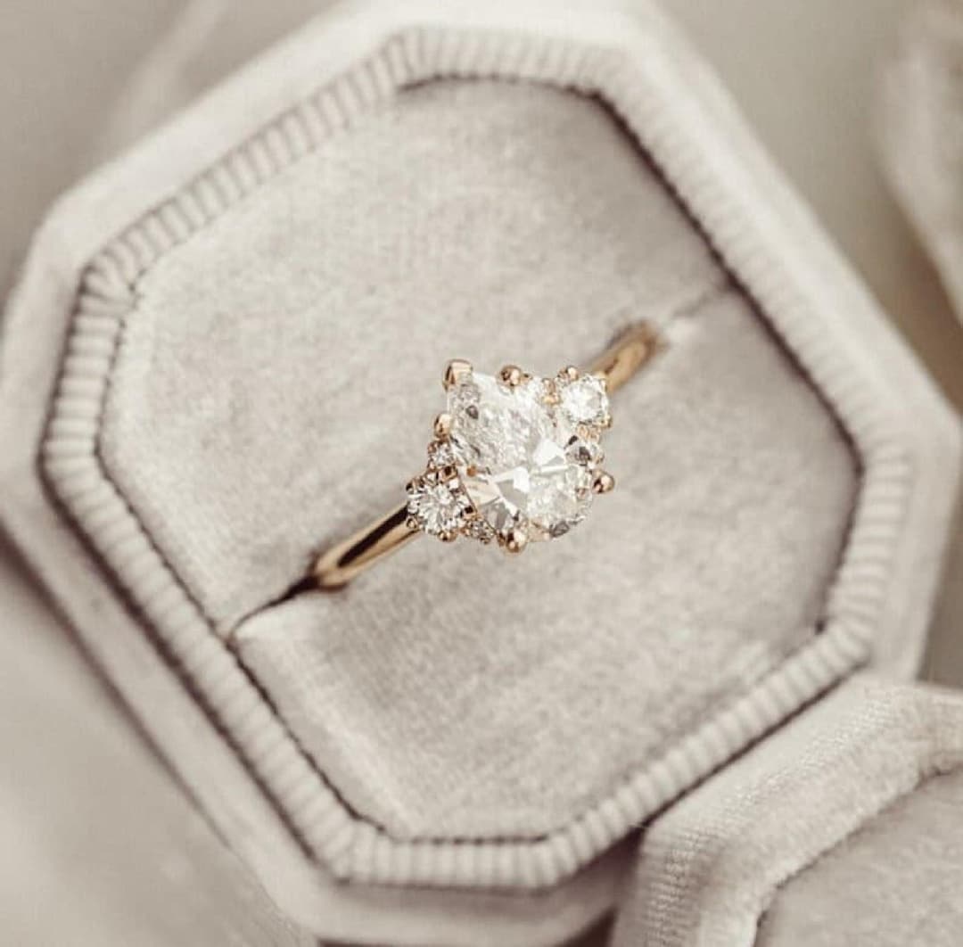 Pear Cut Lab Diamond Cluster Ring - 14K Solid Yellow Gold Bridal ...