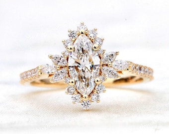 Marquise Lab Grown Diamond Engagement Ring, 14K Gold Vintage Sunburst Ring